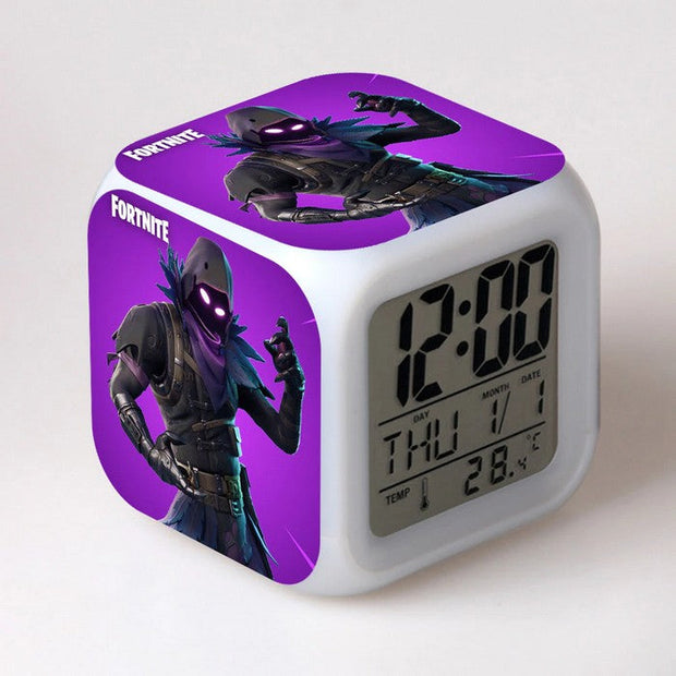 fortnite alarm clock raven with purple background and fortnite logo